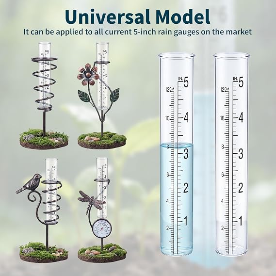 2-Pack Rain Gauge Replacement Tube - 5 Capacity Easy-to-Read Magnifying Rain Gauge for Outdoor - Plastic Clear Rain Gauges for Garden Yard Home - Accurate Measurement with Dual Scales