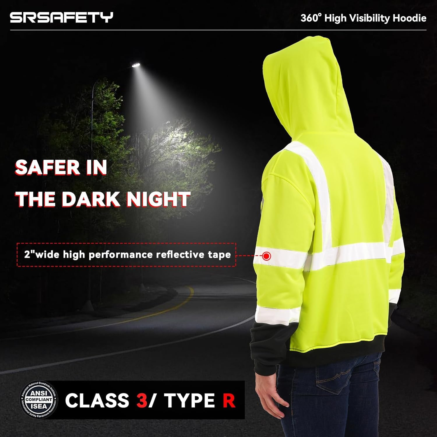 SRsafety High Visibility Safety Hoodie for men,Reflective Safety Sweatshirt with Black Bottom,Work Hoodies for Men＆Women