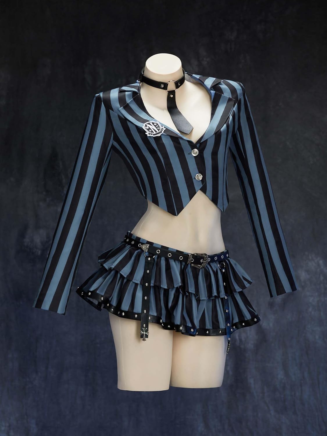 MEOWCOS Women's Gothic Halloween Costume Academia Set Striped Jacket and Layered Skirt with Tie and Stockings - Image 2