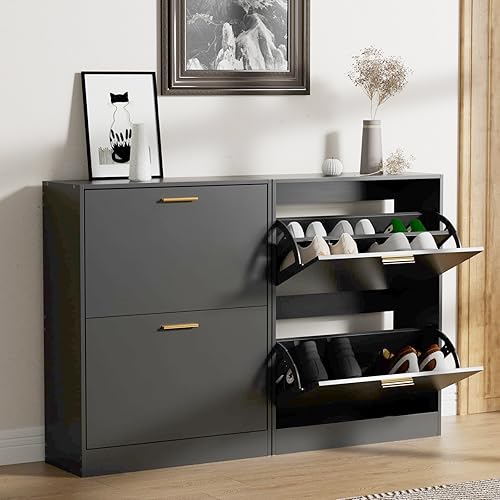 Miniatura 3 de LYNSOM Juego de 2 zapateros, organizador de zapatos con 2 cajones abatibles, moderno almacenamiento de zapatos de entrada con pantalla superior,