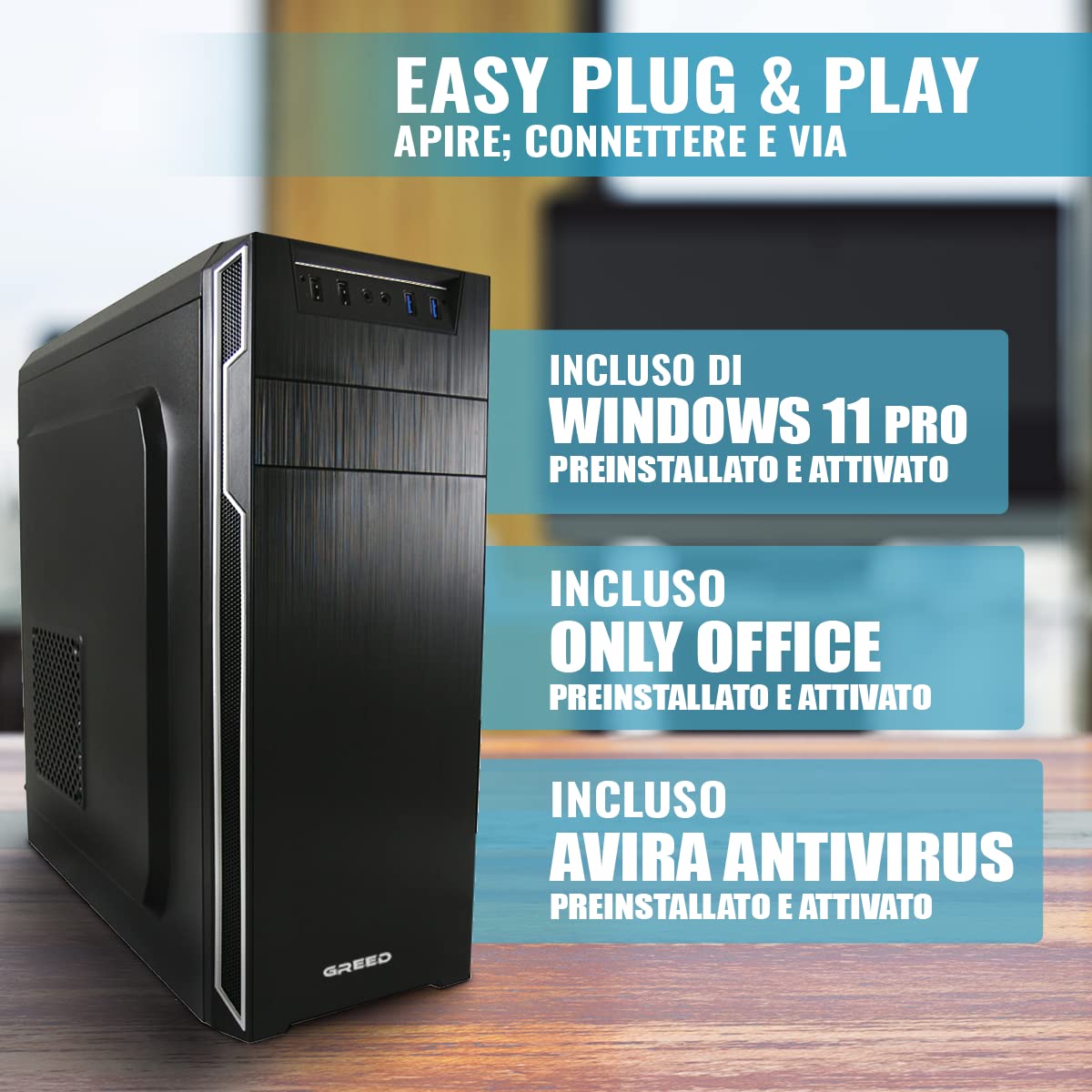 GREED® Intel Core 12th Gen Multimedia PC fisso - Desktop veloce per ufficio e casa - Computer con 4,0 GHZ - 16GB RAM - Disco da 240GB SSD + 1TB HDD - DVD+RW - USB3.0 - WLAN - incl. Windows 11 Pro