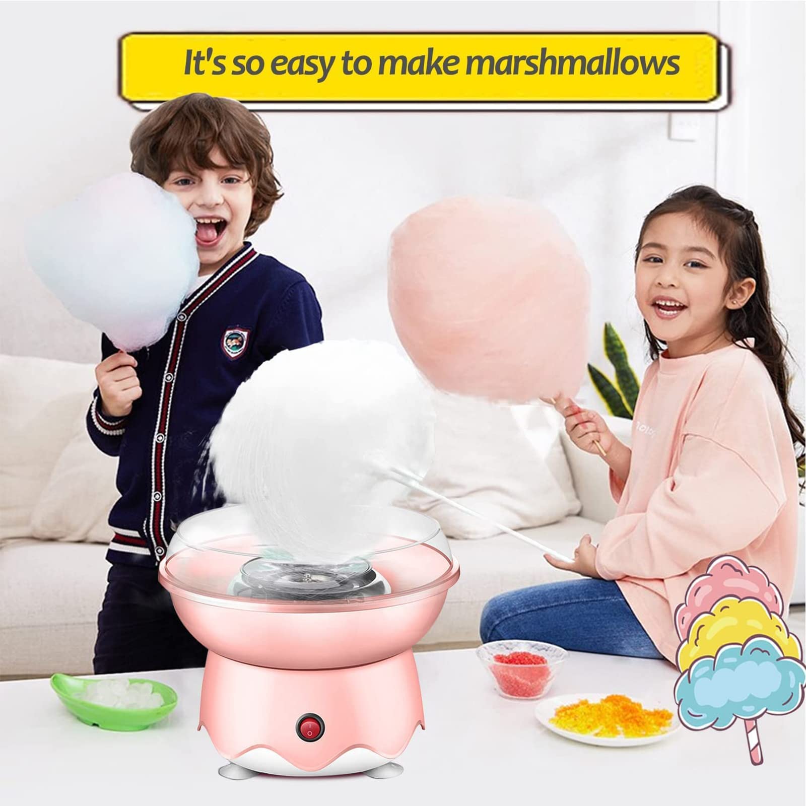 Máquina de algodón de azúcar, Interruptor de un botón, minimáquina eléctrica de algodón de azúcar Completamente automática para Regalo de niños, Fiesta Familiar de cumpleaños, Acci