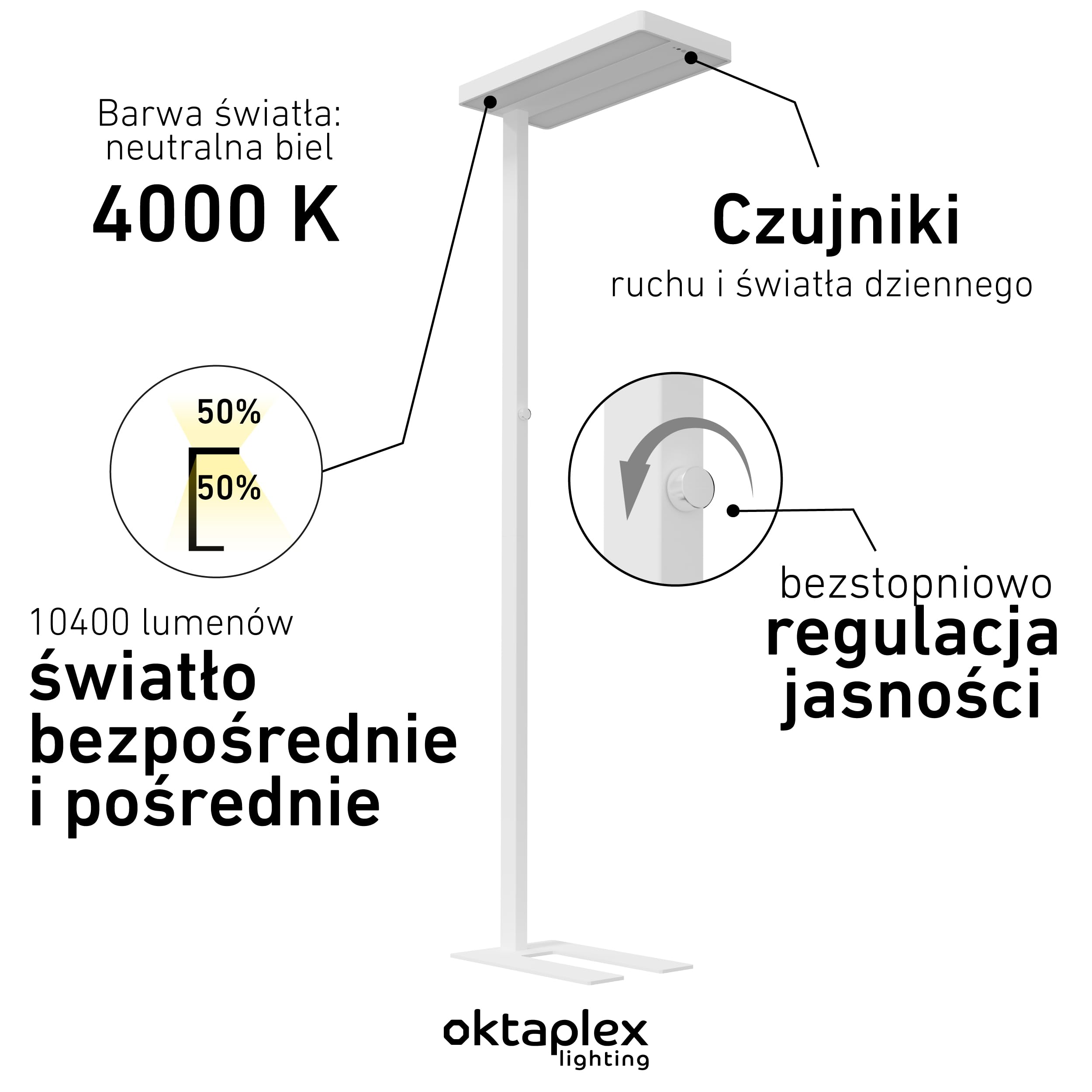 Oktaplex biurowa lampa stojąca Lyse ściemniana z czujnikiem neutralna biel 4000 K aluminiowa lampa stojąca 10400 lm światło dzienne reflektor sufitowy biały 80 W