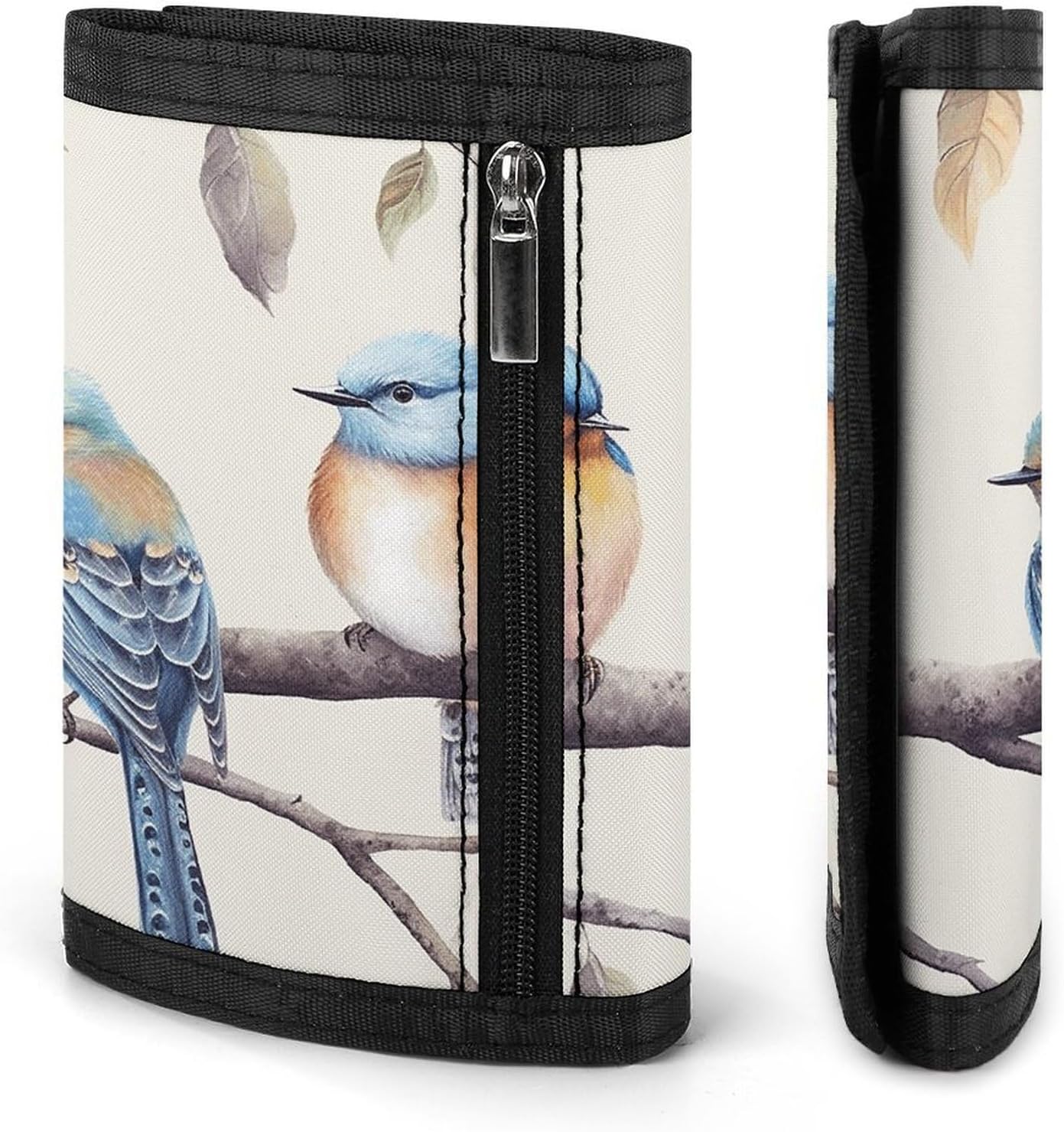 Trifold Canvas Wallet with Keychain, Modern Fashion Credit Card Holder Wallet for Men Women, Birds Sitting on Branch Slim Wallets W/Zipper Coin Pocket, Novelty Birthday Gift
