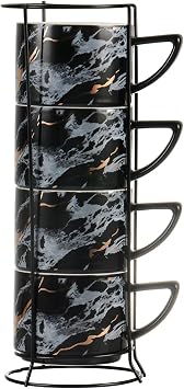 200ml Set of 4 Porcelain Cappuccino Espresso Cups with Chrome Rack Holder Coffee Tea Cup Black
