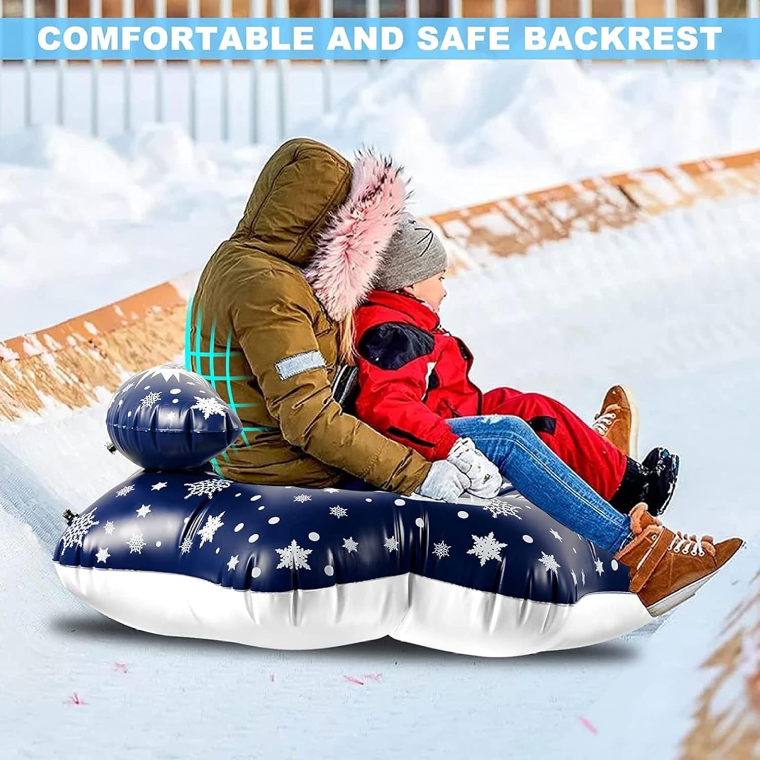 Snow Tubes Heavy Duty 43 Inch Inflatable Thickened Snow Sled with Back Support and Handle for Kids and Adults, Winter Outdoor