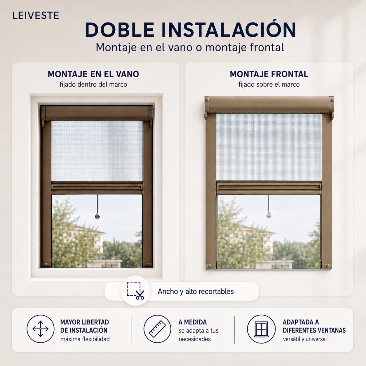 LEIVESTE - Mosquitera enrollable reducible para ventanas, montaje fácil y rápido, red de fibra de vidrio, estructura de aluminio, varios tamaños y colores, color marrón, 140 x 160 cm