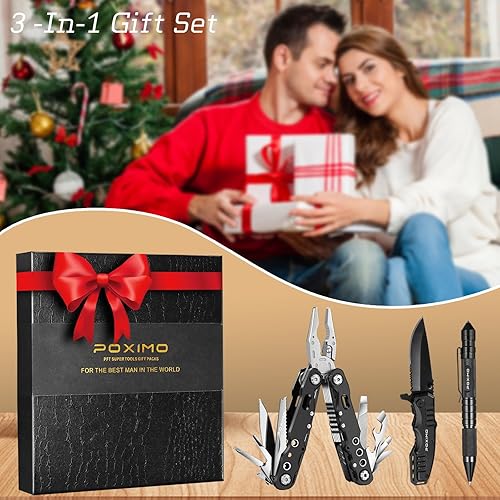 Miniatura 8 de Juego de regalo multiherramienta para hombres, para papá, él, kit de supervivencia EDC 3 en 1 con alicates múltiples 14 en 1, cuchillo de bolsillo y
