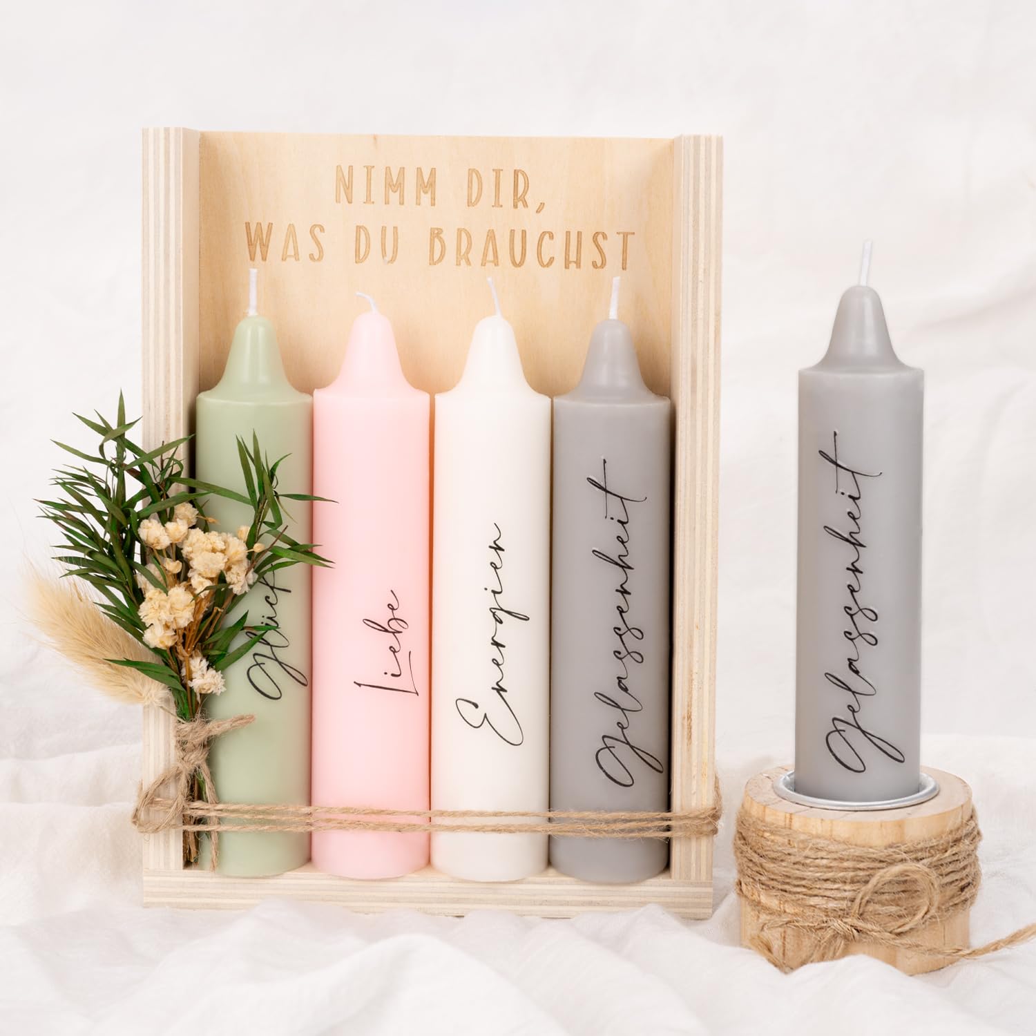 Nimm dir was du brauchst Kerzen, Geschenke für Freundin zum Geburtstag, Perfekte Kerzen Geschenkset mit Kerzenständer | Trockenblumen | Holzbox Holzverpackung, Geschenkidee für Schwester & Freundin