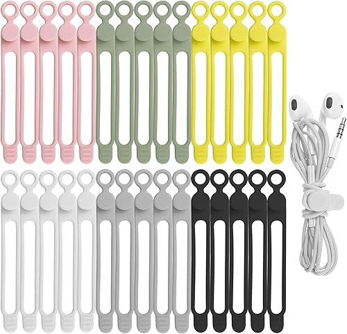 Nearockle 30 bridas reutilizables de silicona para cables, para gestión de cables de auriculares, cargador de teléfono y computadora, en el hogar,
