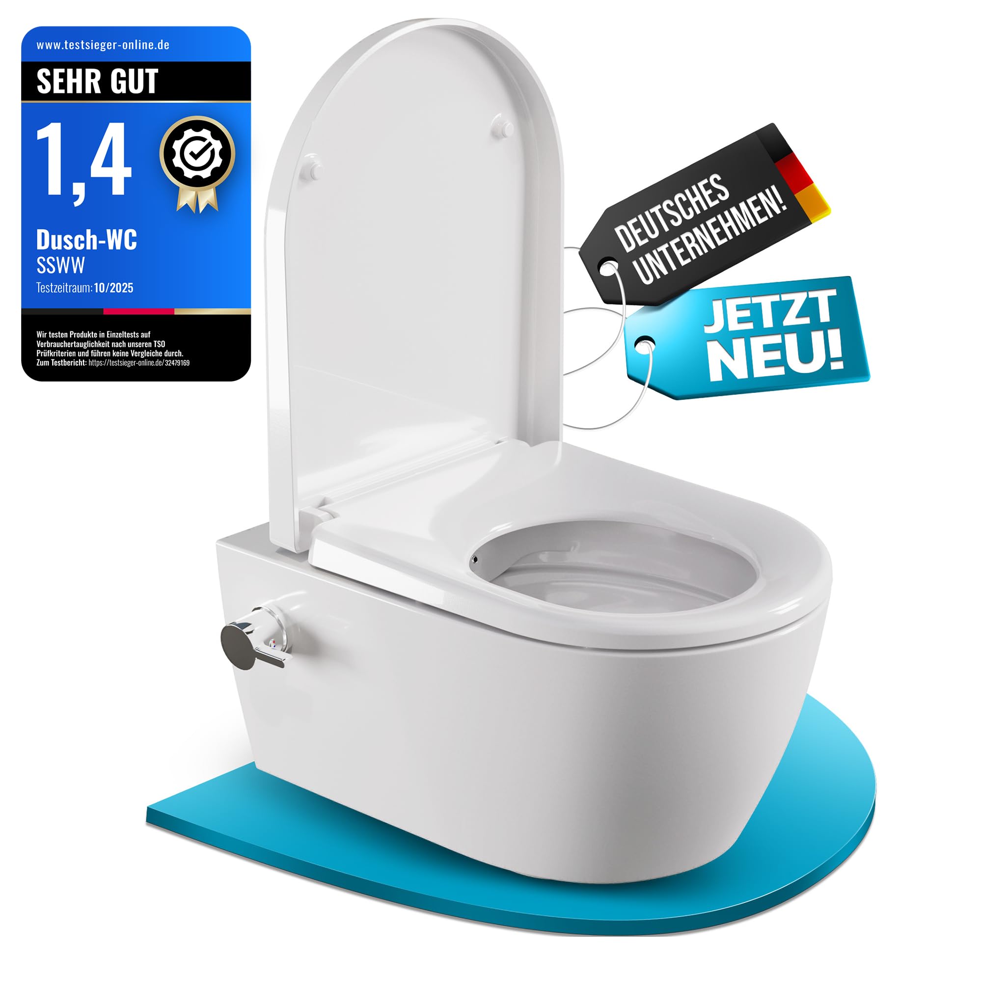 WC Taharet senza brida con rubinetteria, sedile Softclose removibile e rivestimento doccino/WC, toilette con doccino intimo con funzione bidet, Shattaf