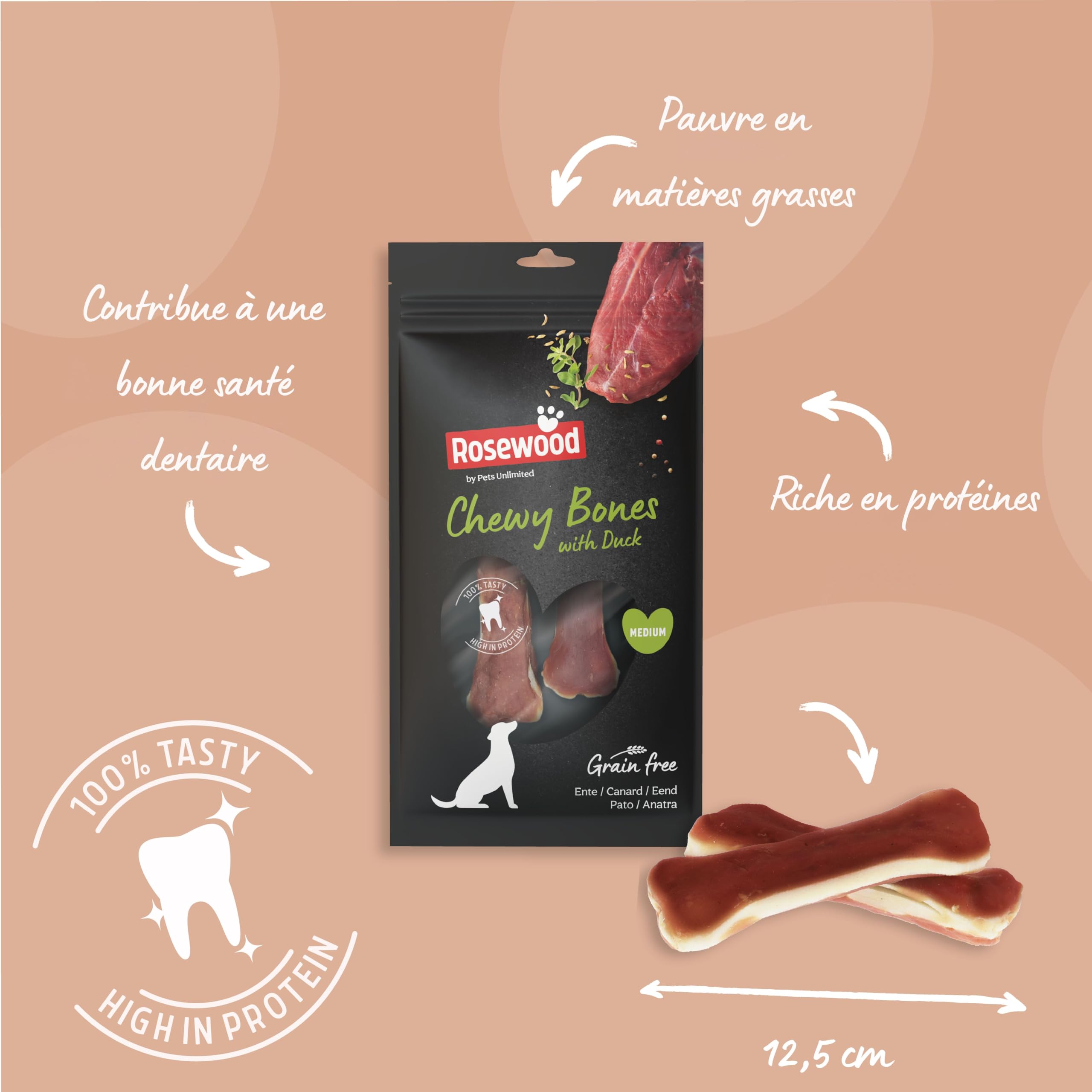 Rosewood Chewy Bones Canard Medium – Friandise à mâcher pour Chien, Peau de bœuf avec Canard, Aide aux Soins dentaires, sans additifs artificiels, 80 g
