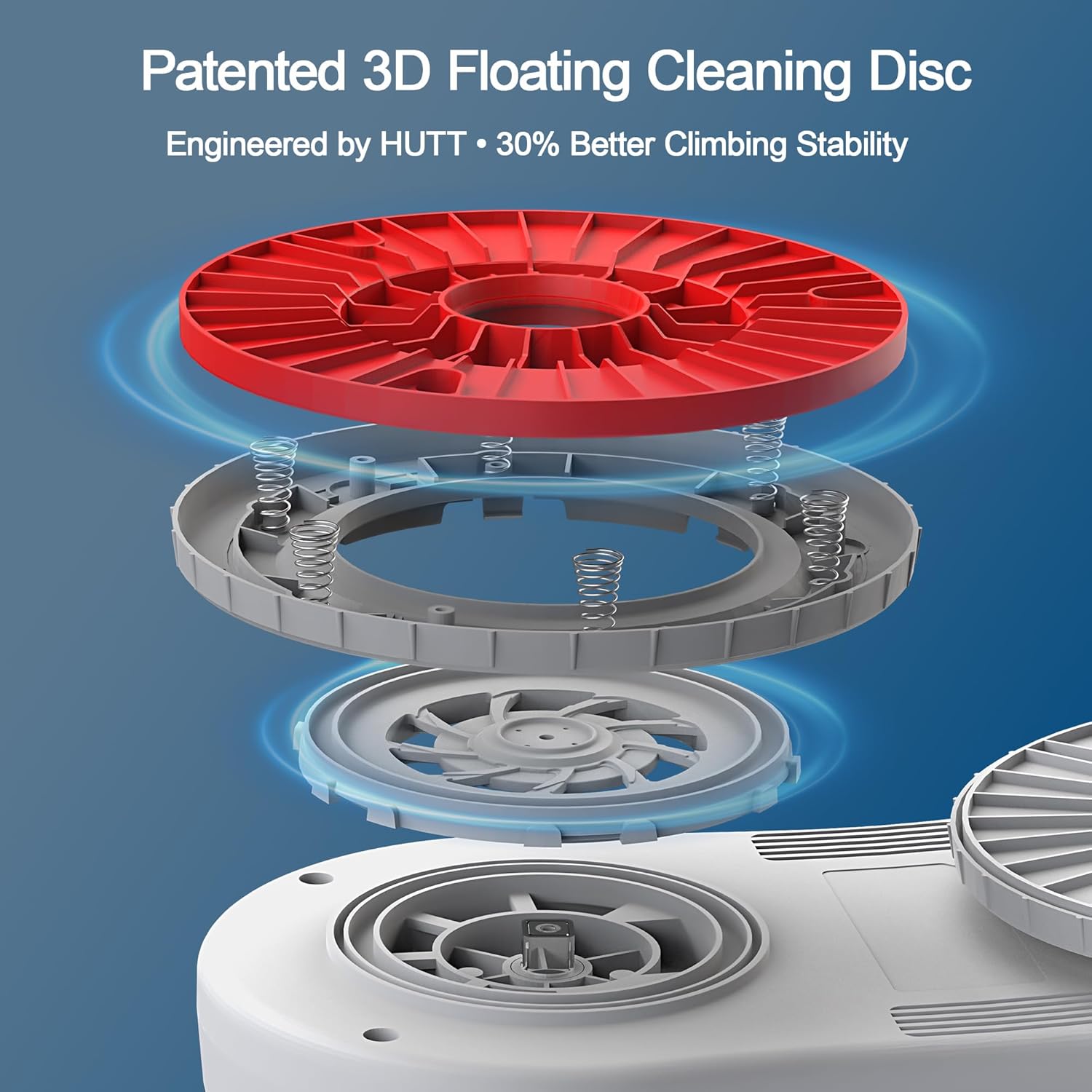 Contents of the HUTT S55PRO package including the robot, remote, power adapter, cleaning pads, and solution bottle