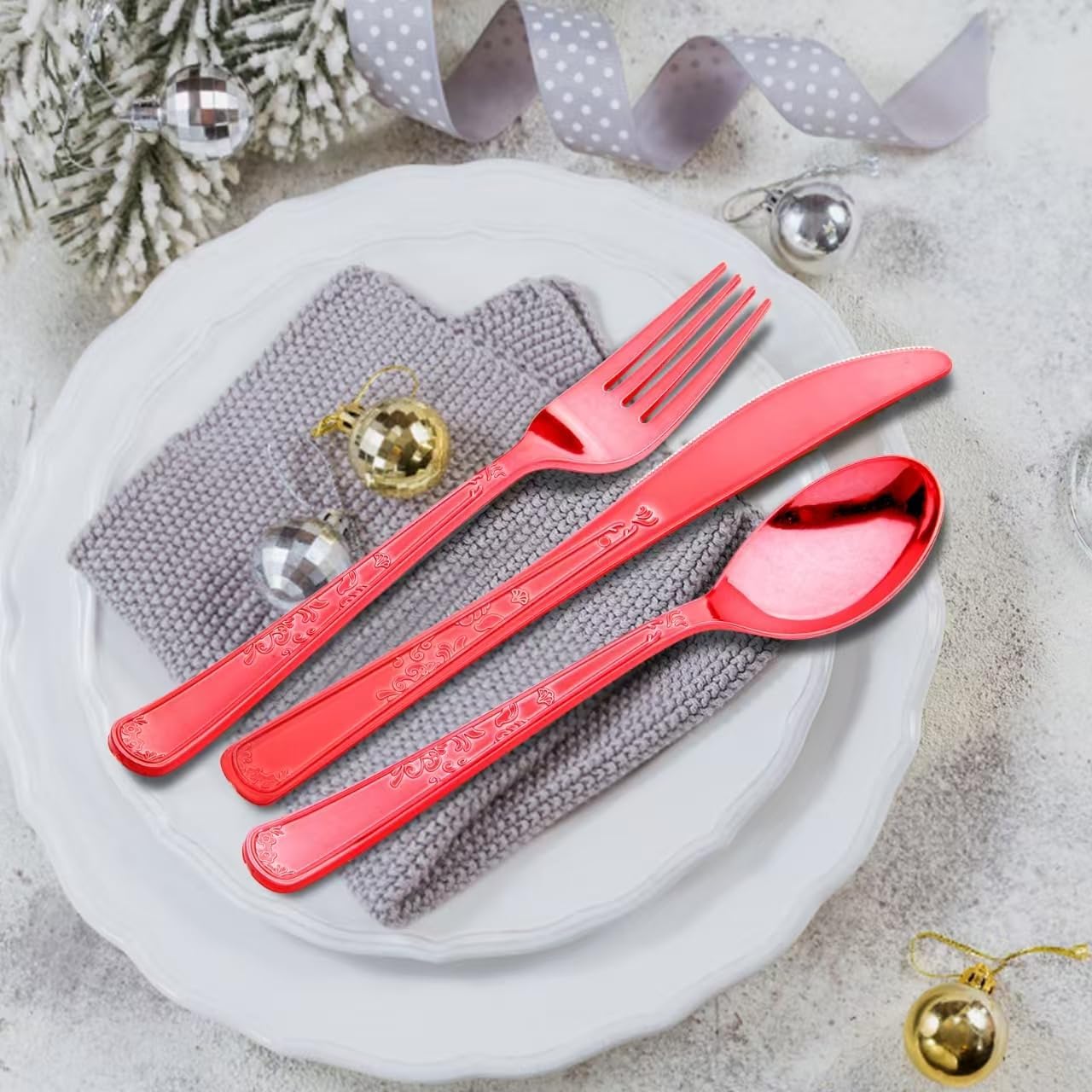 210-Piece Premium Plastic Cutlery Set: Includes 90 Forks, 60 Spoons, 60 Knives - Heavy-Duty Disposable Silverware for Parties, Weddings & Catering Events - Elegant & Durable Utensils Kit (Red)