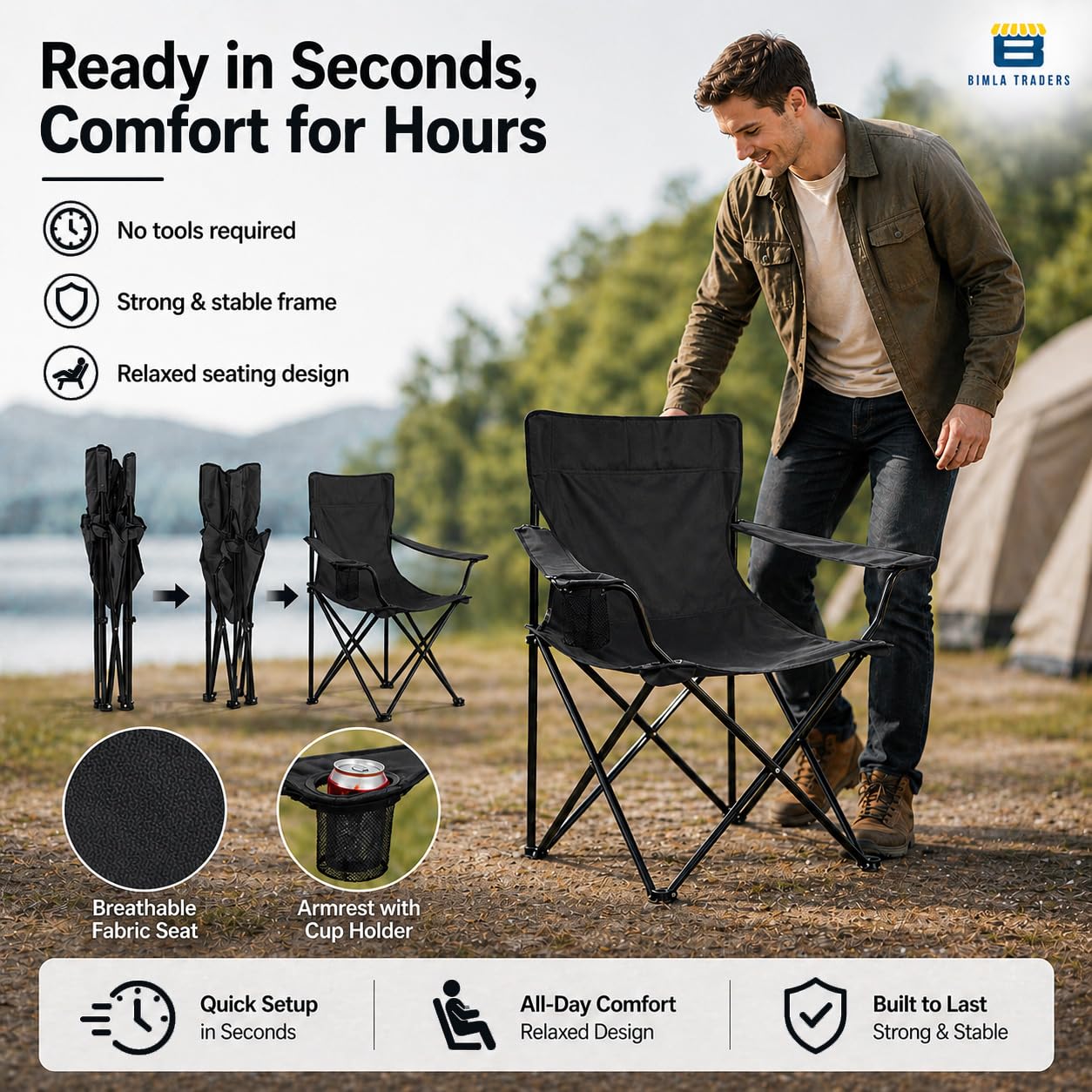 BTAG Foldable Camping Chair with Armrest & Cup Holder, Portable Outdoor Chair with Carry Bag for Camping, Picnic, Fishing & Travel β Black 3