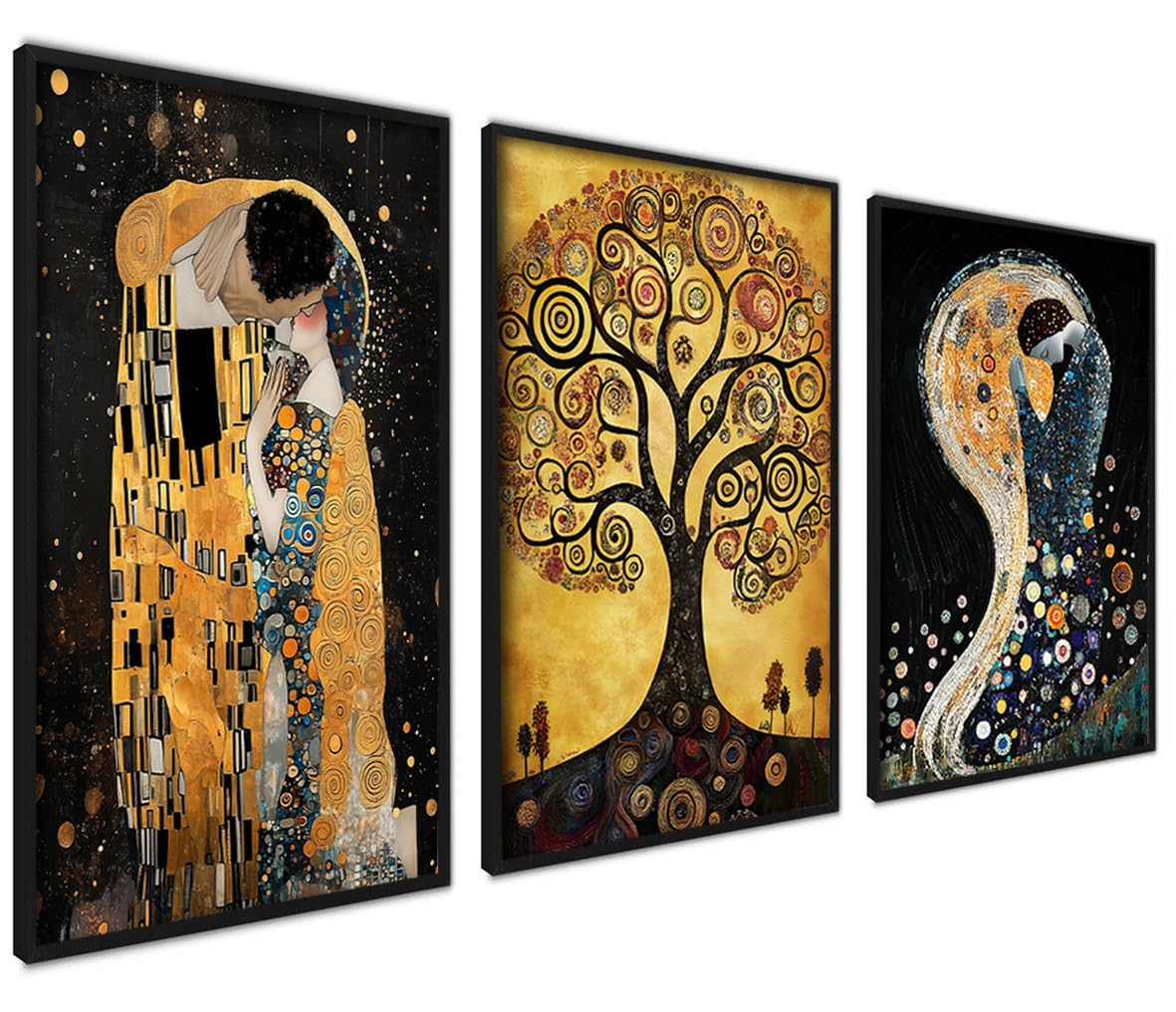 ag.art deco Pictures for Living Room | 50x70 cm Prints for Walls | Canvas Wall Art for Hallway and Stairs | Room Decor | Unframed Posters | Set of 3 Artwork (Gustav Klimt Set)