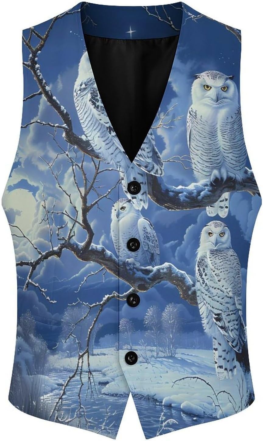 White Owls Moonnight Branches Mens Suit Vests V-Neck Casual Vest Dress Formal Tuxedo Wedding Waistcoat