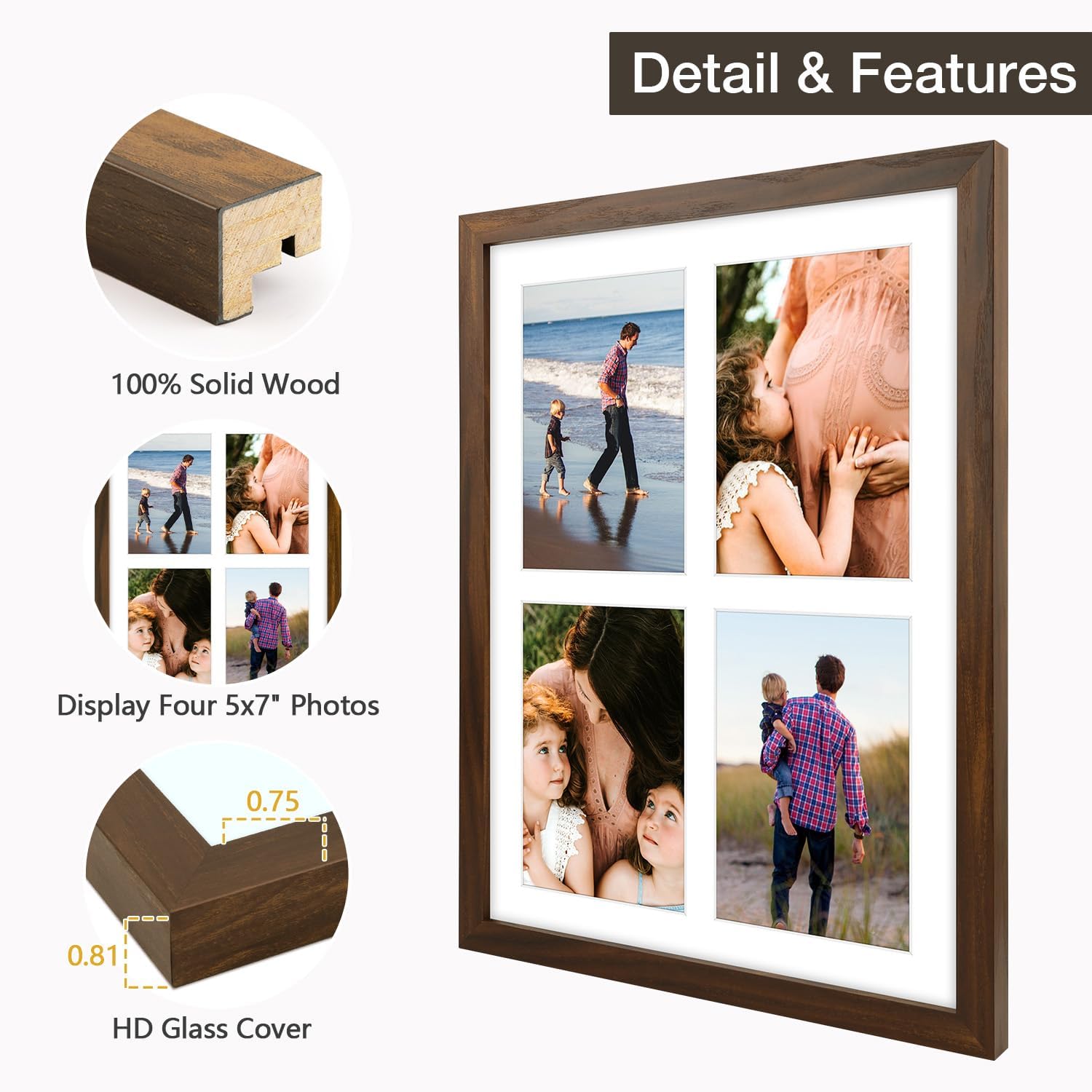Golden State Art Four 5x7 Collage Picture Frame - Solid Wood with Tempered Glass - Multi Picture Frame Display Four 5x7 Photos with Mat - or One 12x16 Frame Without Mat for Wall Decor, Brown - Image 3