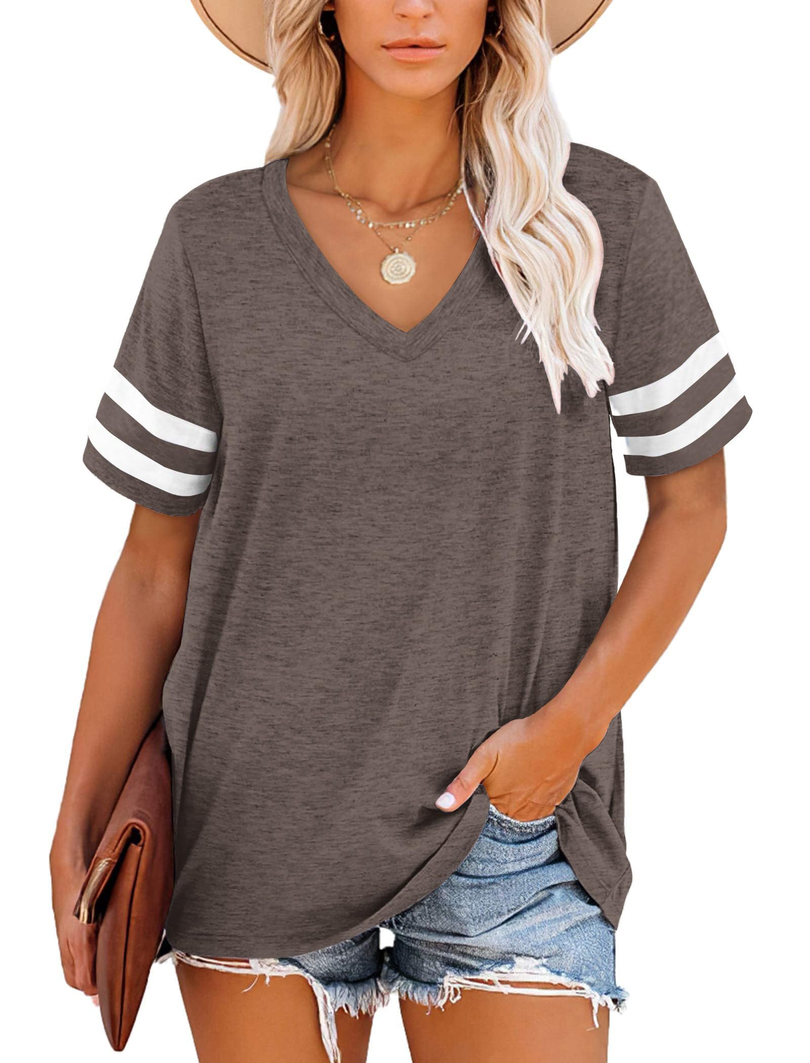MOLERANI T Shirts for Women Short Sleeve V Neck Striped Summer Tops Casual Loose Tee Dark Brown Size 22-24