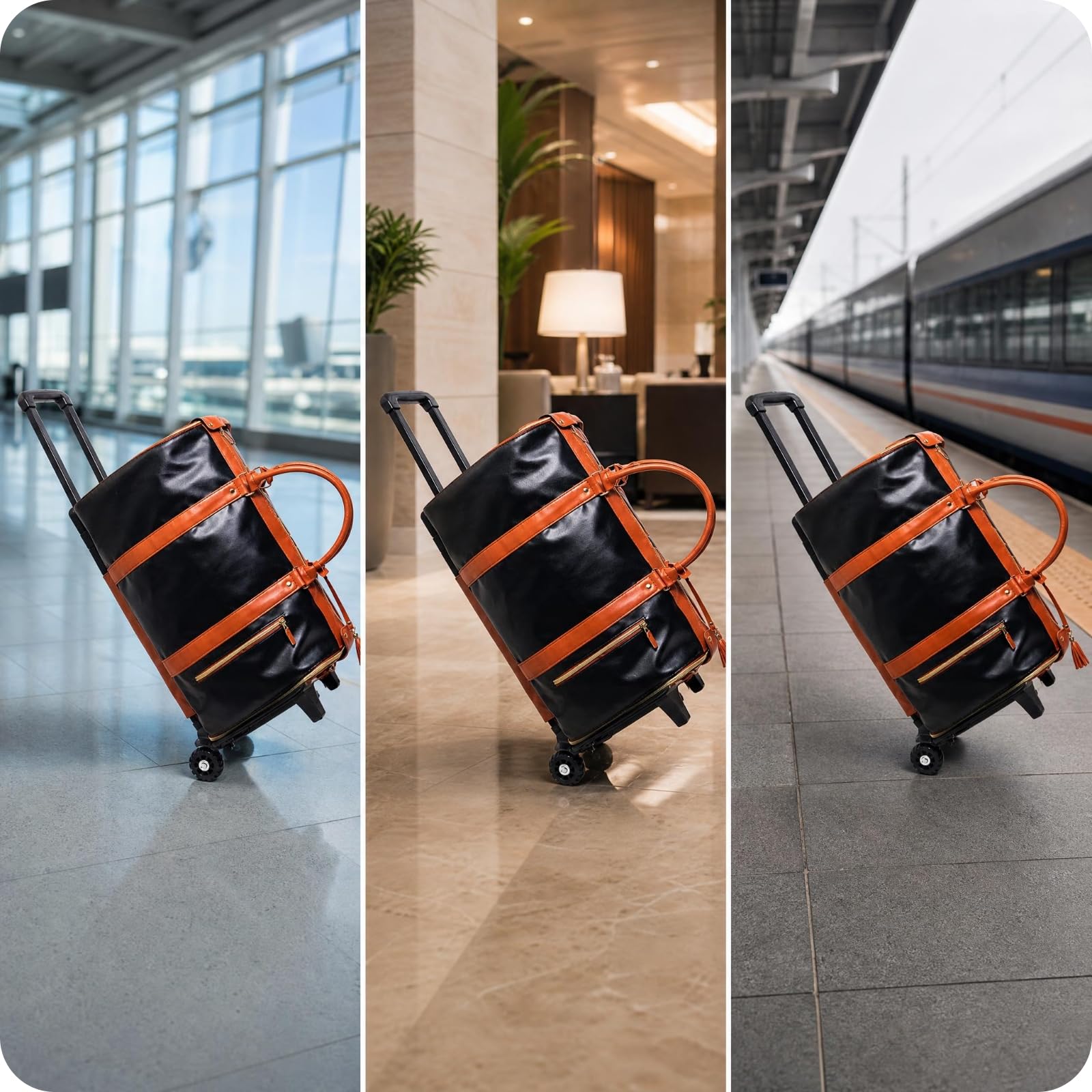 MagiDeal Valigia da Viaggio Borsa Porta Abiti Trolley Borsa da Indumenti con Ruote Struttura Morbida in PU con Chiusura a Zip Liscia E Tasca Davanti Adatta per, Array, Nero E Marrone