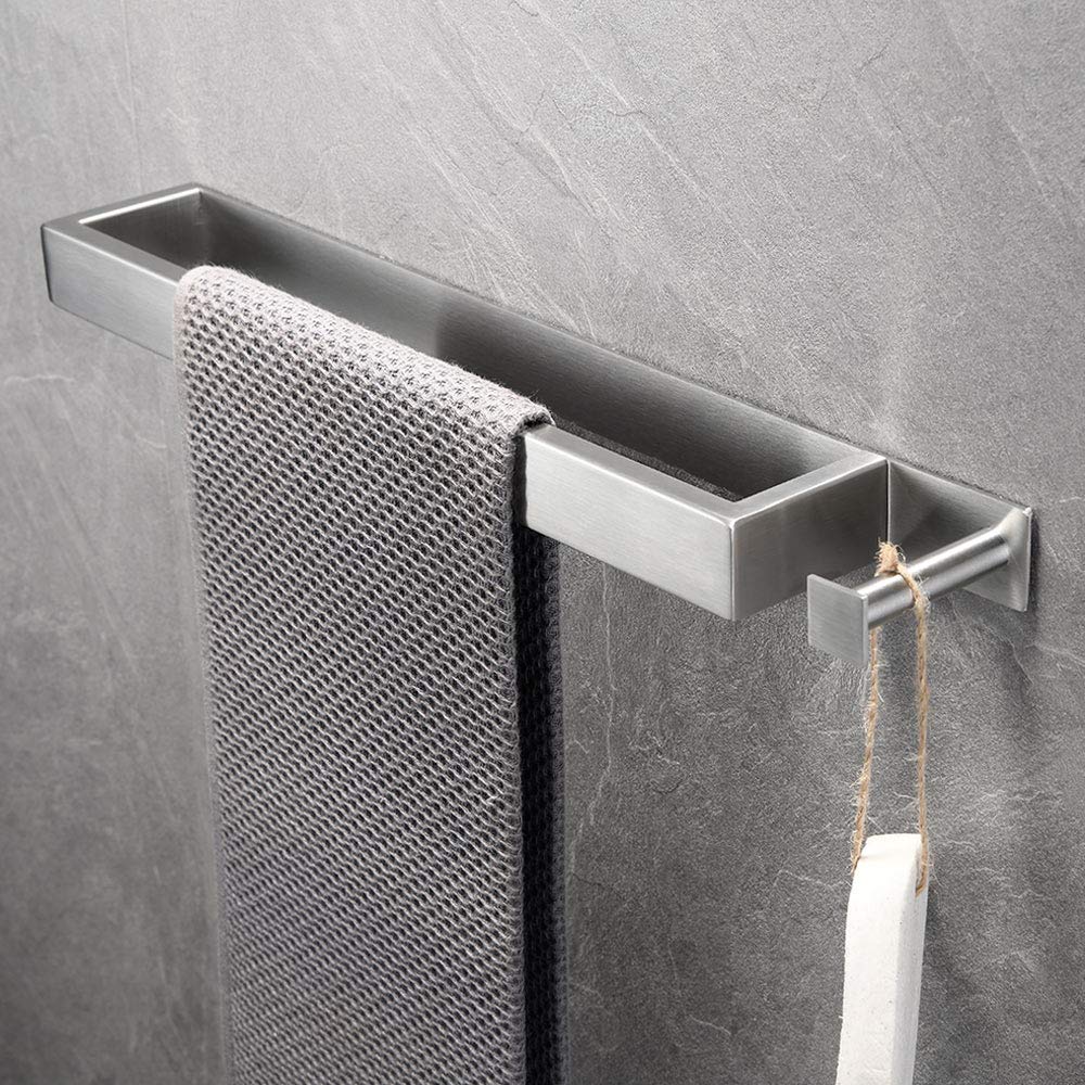 Portasciugamani senza foratura, argento spazzolato, asta portasciugamani bagno 304, in acciaio inox, autoadesivo, porta asciugamani per ospiti, con ganci, 40 cm, per bagno