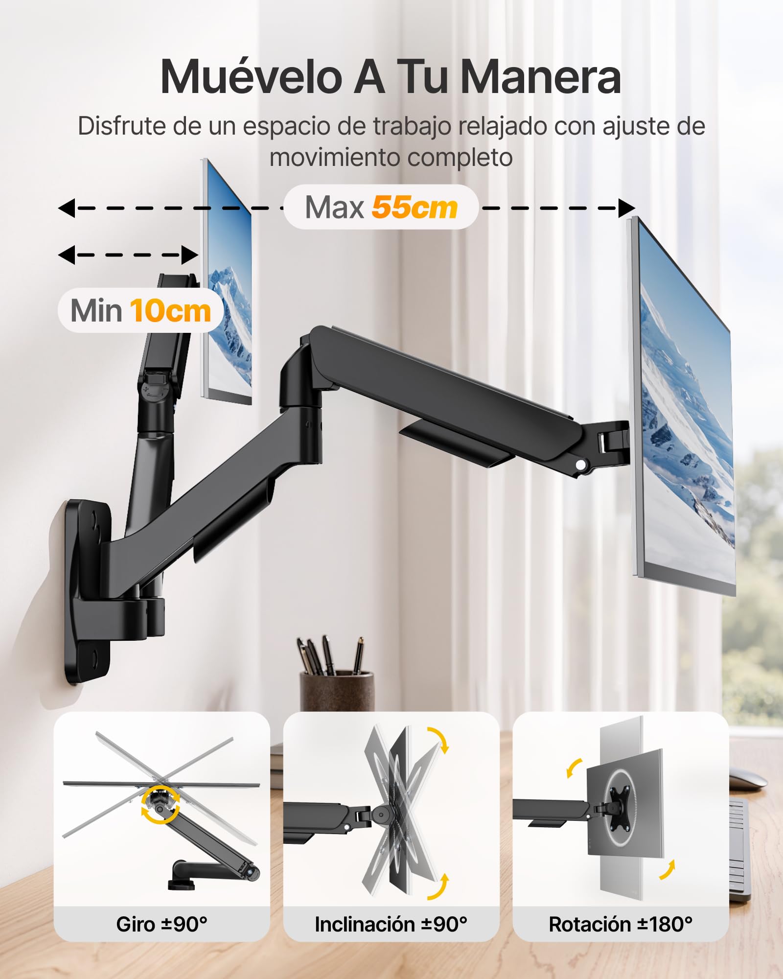 monTEK Soporte de pared para 2 monitores de 17 a 32 pulgadas hasta 9 kg | Giratorio, inclinable y giratorio, altura regulable, VESA 75 x 75/100 x 100
