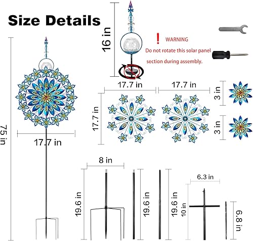 Miniatura 2 de Kircust Molinillo de viento solar, hilanderos de metal para patio con bola de vidrio alimentada por energía solar, esculturas cinéticas de viento de