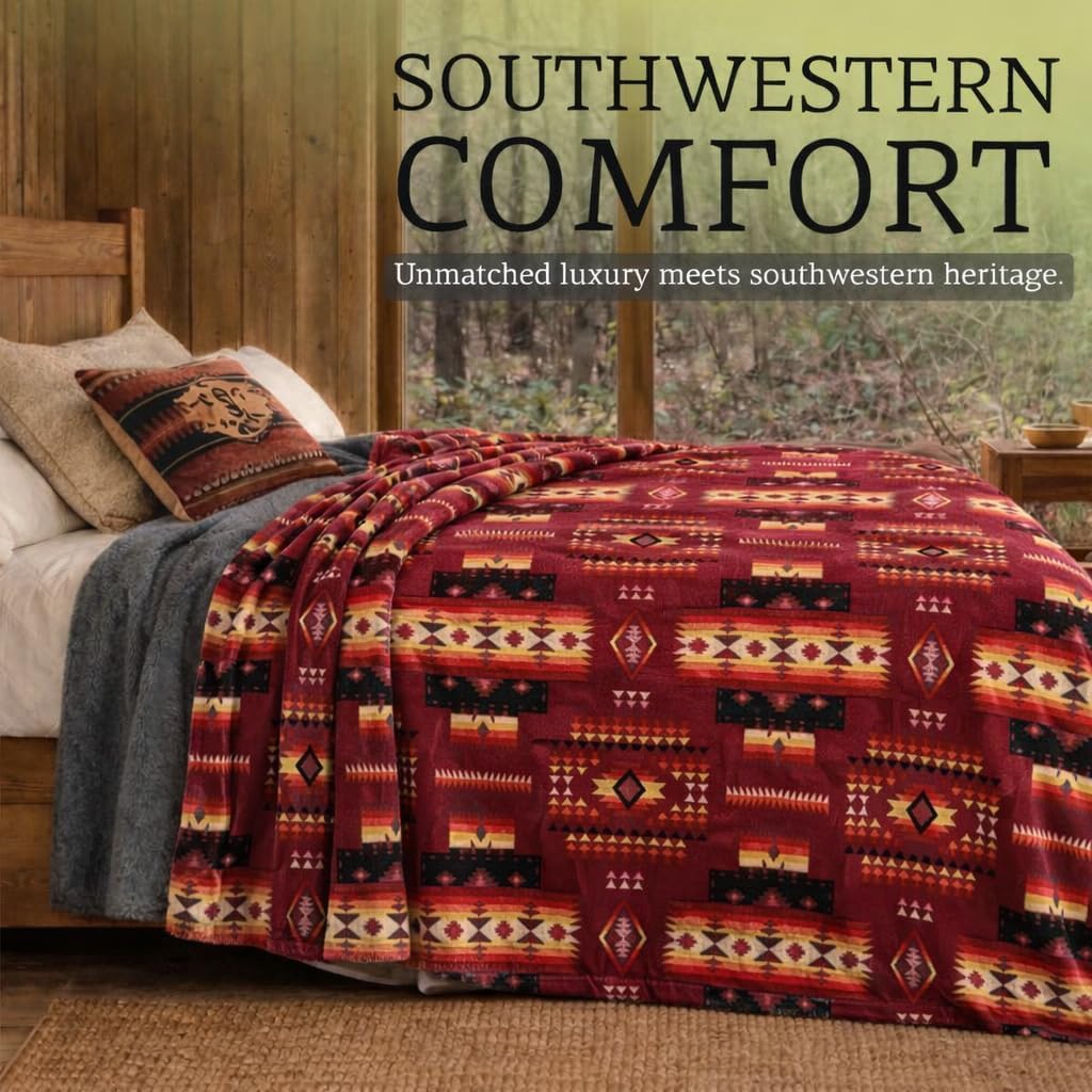 Sacred Thread Aztec Blanket Fleece, Reversible Native American Blanket, Western Throw, Native American Western (Burgundy Flannel), King (87”x95”) Burgundy Flannel King (87”x95”)