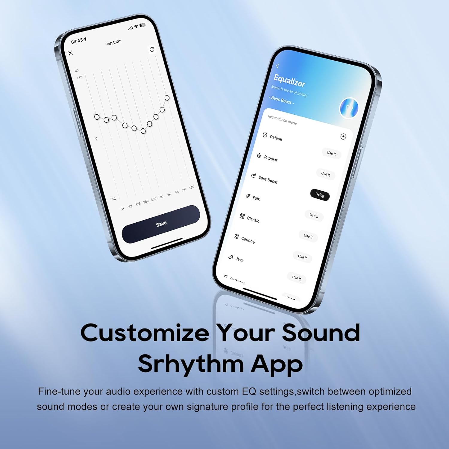 Srhythm App interface showing equalizer and ambient sound settings