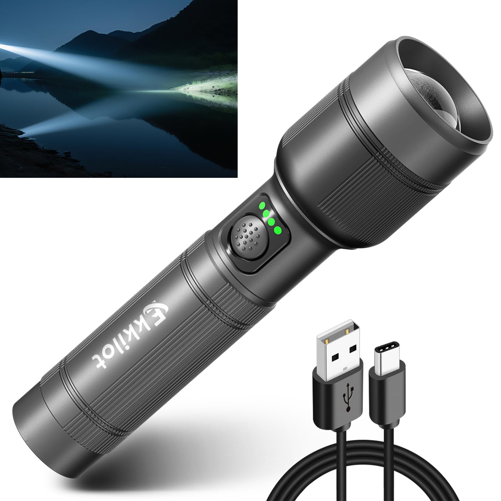 Linterna LED recargable de alta potencia, luz flash de aluminio superbrillante con estroboscópico de emergencia, modos de iluminación duales, zoom, IPX5 resistente al agua para exteriores y