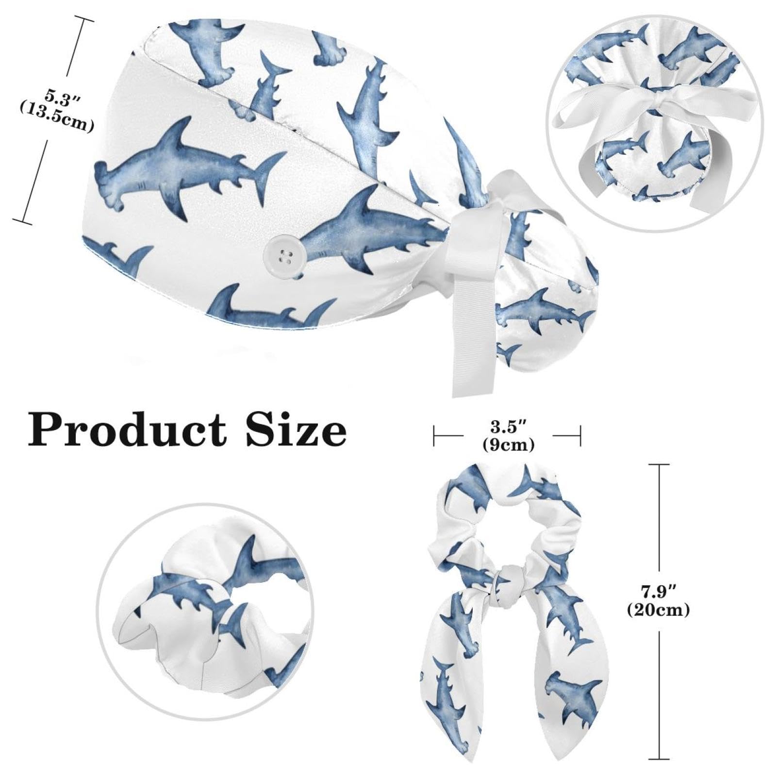 Medical Caps for Women with Bow Scrunchies,Long Hair Working Caps Adjustable Tie Back Hat, Hammerhead Shark Pattern Bouffant Scrub Hats