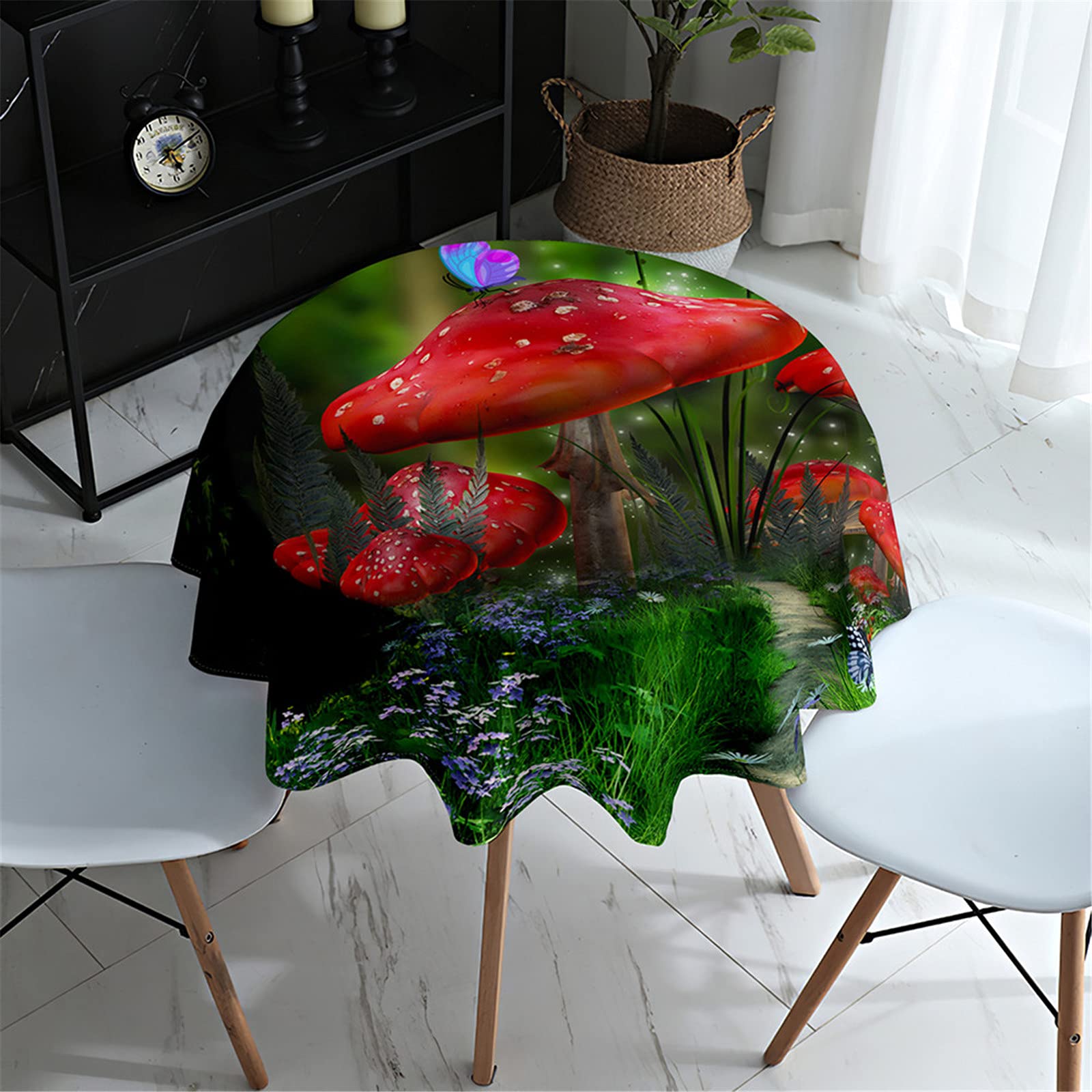 Morbuyshop Red Mushroom Morbuy Round Tablecloth For Circular Table, 3D Mushroom Print Tablecloths Waterproof Stain Resistant Wipeable Table Cloths For Home Party Kitchen Dinning (,Diameter 120Cm)