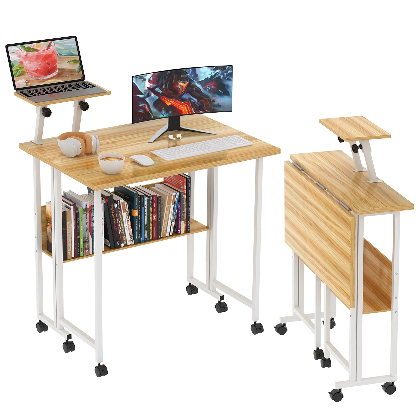 Escritorio plegable, mesa para ordenador plegable con ruedas, escritorio plegable con estantes de almacenamiento, escritorio plegable para ahorrar espacio, 80 x 58 x 75 cm, beige