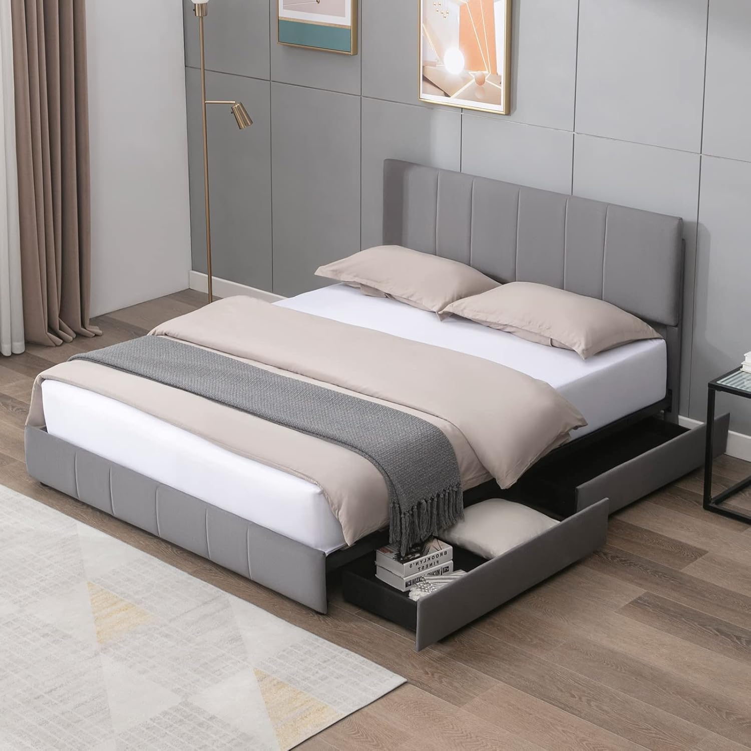 Mjkone Queen Size Platform Bed Frame with 4 Storage Drawers