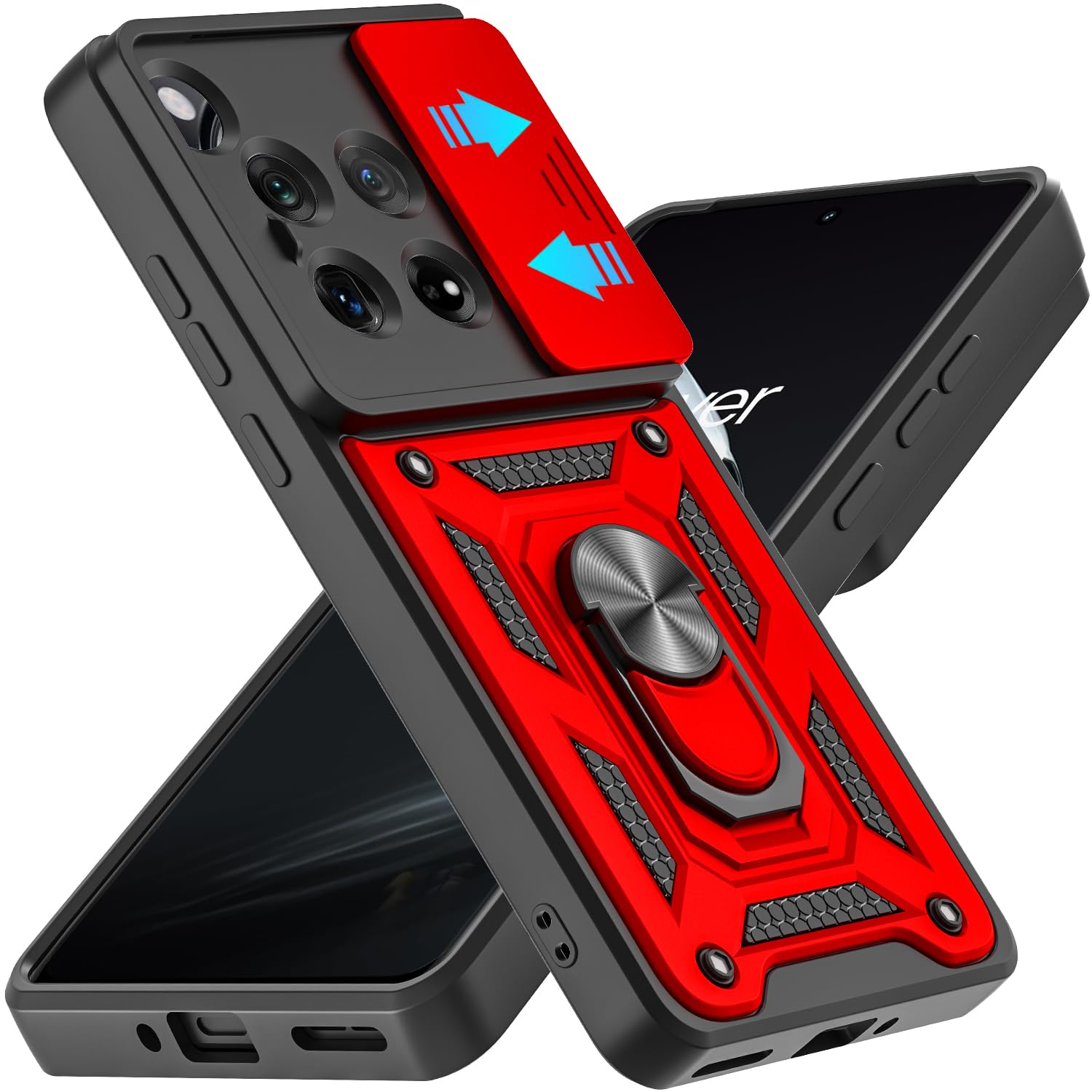 AKINIK for OnePlus 12 Case with Slide Camera Cover, 360° Rotation Ring Kickstand [Military Grade] Case for OnePlus 12 5G (Red)
