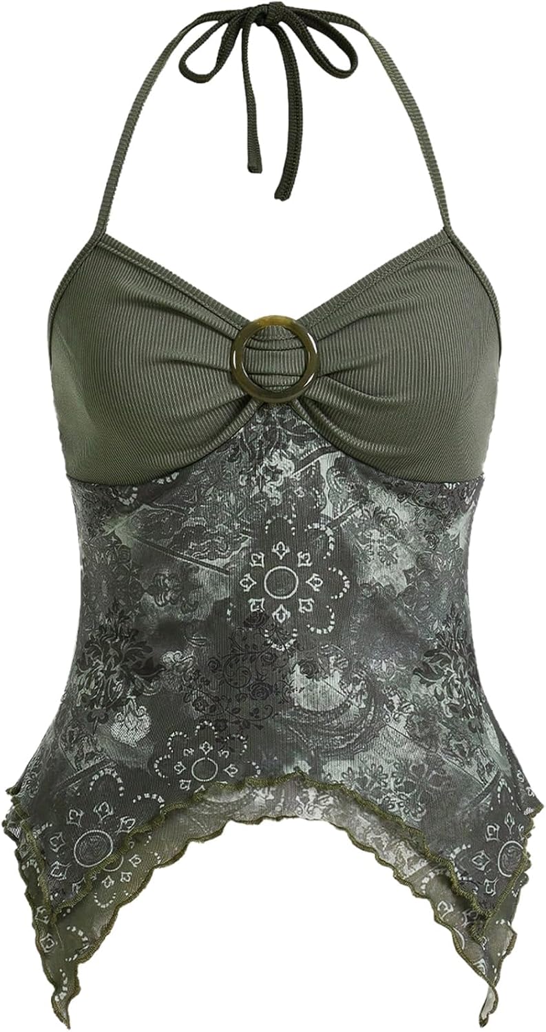 Verdusa Women's Y2k Halter Top Floral Streetwear Fairy 2000s Clothing Gothic Going Out Tops