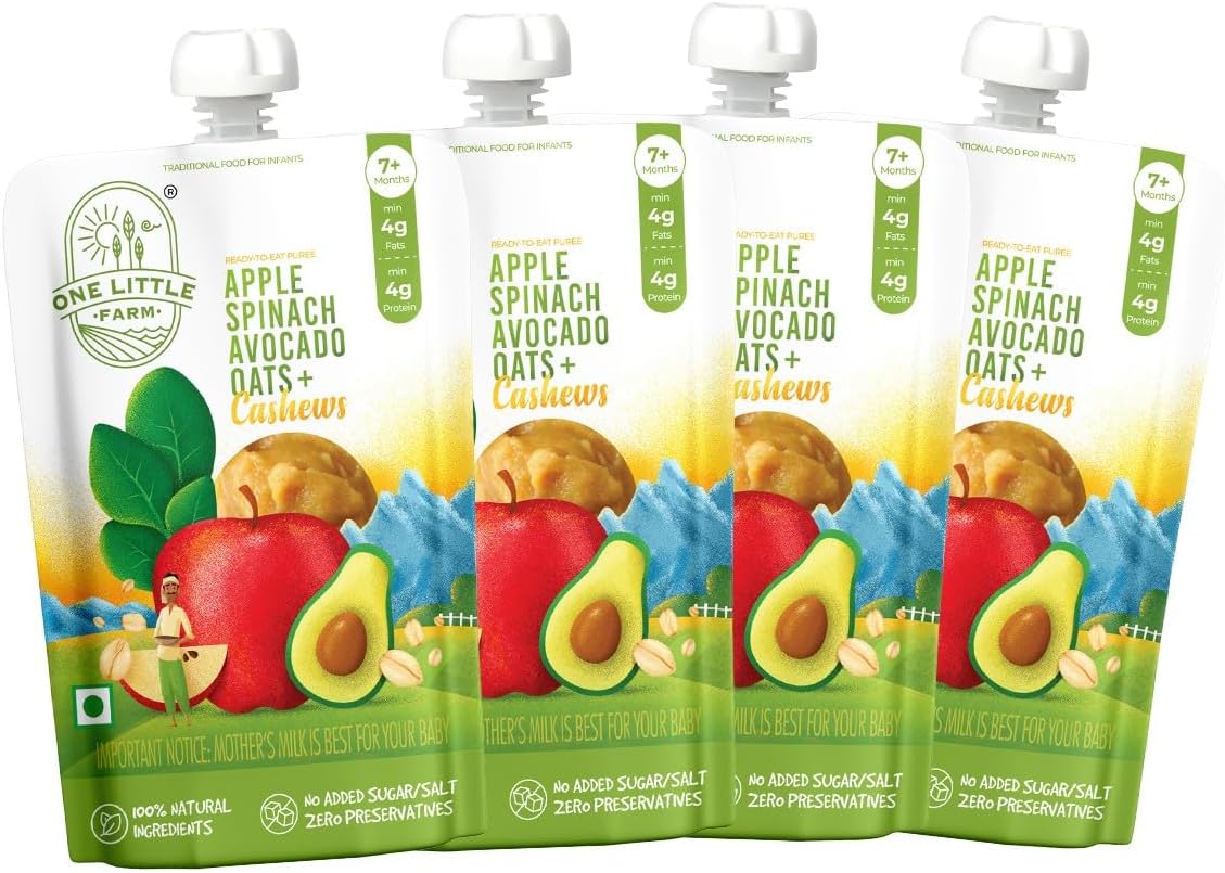 Baby Food Puree Pouch | 7+ Months | Apple, Banana, Pumpkin, Cashews | 100% Natural, No Preservatives, No Sugar | with Protein & Healthy Fats | Ready-to-Eat | Pack of 4, 90g Each