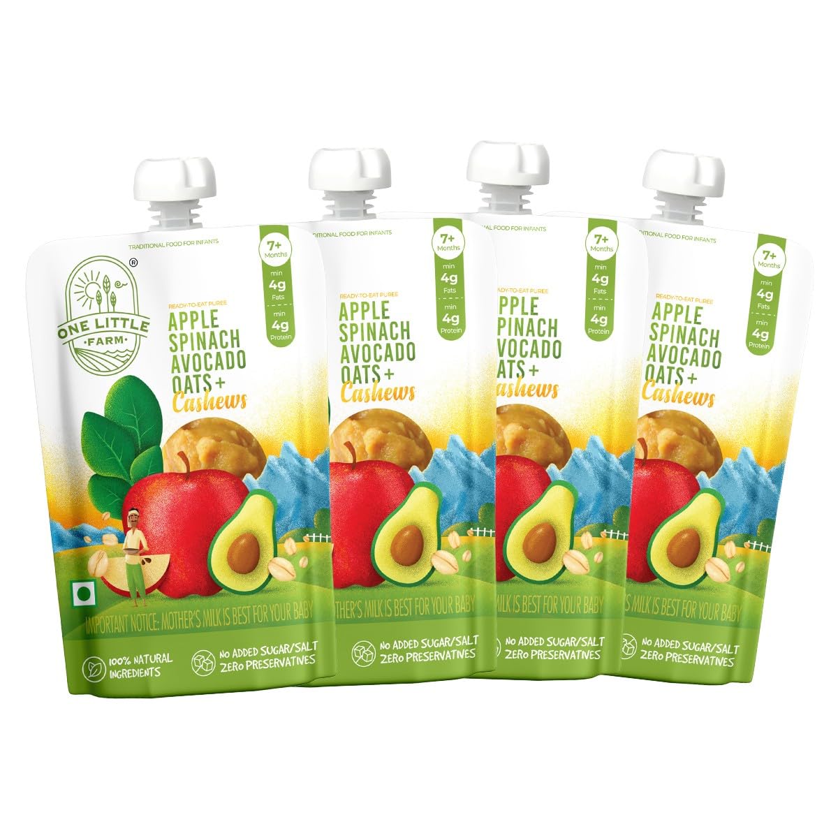 Baby Food Puree Pouch | 7+ Months | Apple Spinach Avocado Oats Cashews | 100% Natural, No Preservatives, No Sugar | 3g Protein, 3g Healthy Fats | Ready-to-Eat | Pack of 4, 100g Each