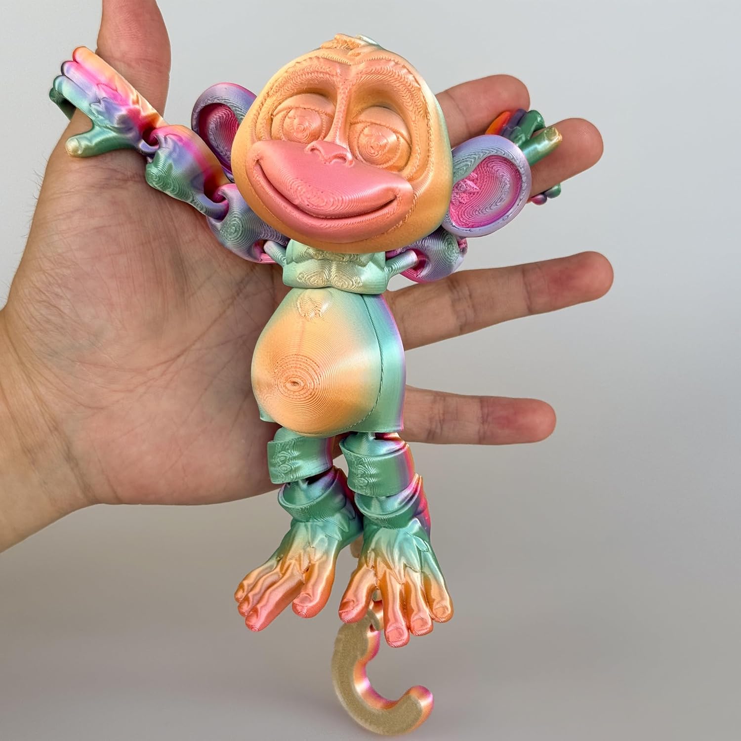 3D Printed Articulated Monkey Fidget Toy – Posable, Hangable, Stands on Its Own for Fun Poses and Display (Rainbow)