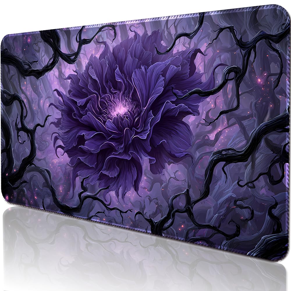 BUIBUIC MTG Playmats(Stitched) 14x24in Compatible for OCG CCG RPG TCG Playmats with Card Zones Storage Bag (Purple Peony-No Zone)