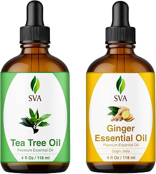 SVA Tea Tree and Ginger Oil 4 oz Bundle Super Saver Combo Premium Grade Value Set for Hair Oiling, Scalp Massage, Hair Care, Skin Care and Body Massage