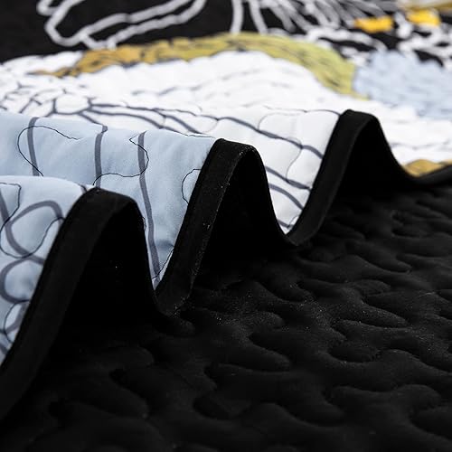 Miniatura 7 de Juego de colcha de 3 piezas con patrón floral amarillo, tamaño King, colcha negra ligera para todas las estaciones con 2 fundas de almohada, juego