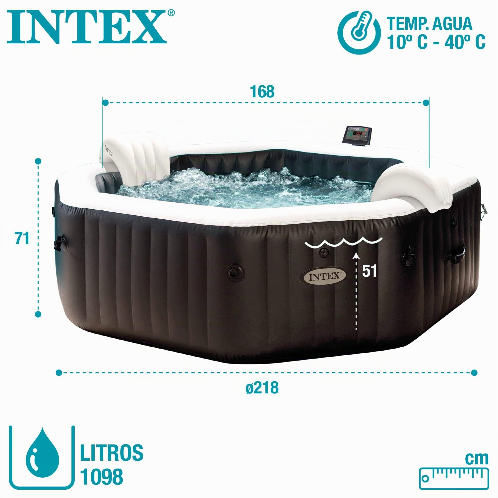 Intex 28462EX - PureSpa Vasca Idromassaggio Gonfiabile Jet&Bubble Deluxe Ottagonale, 6 posti, 140 Getti, Riscaldatore, Nero, 218x71 cm