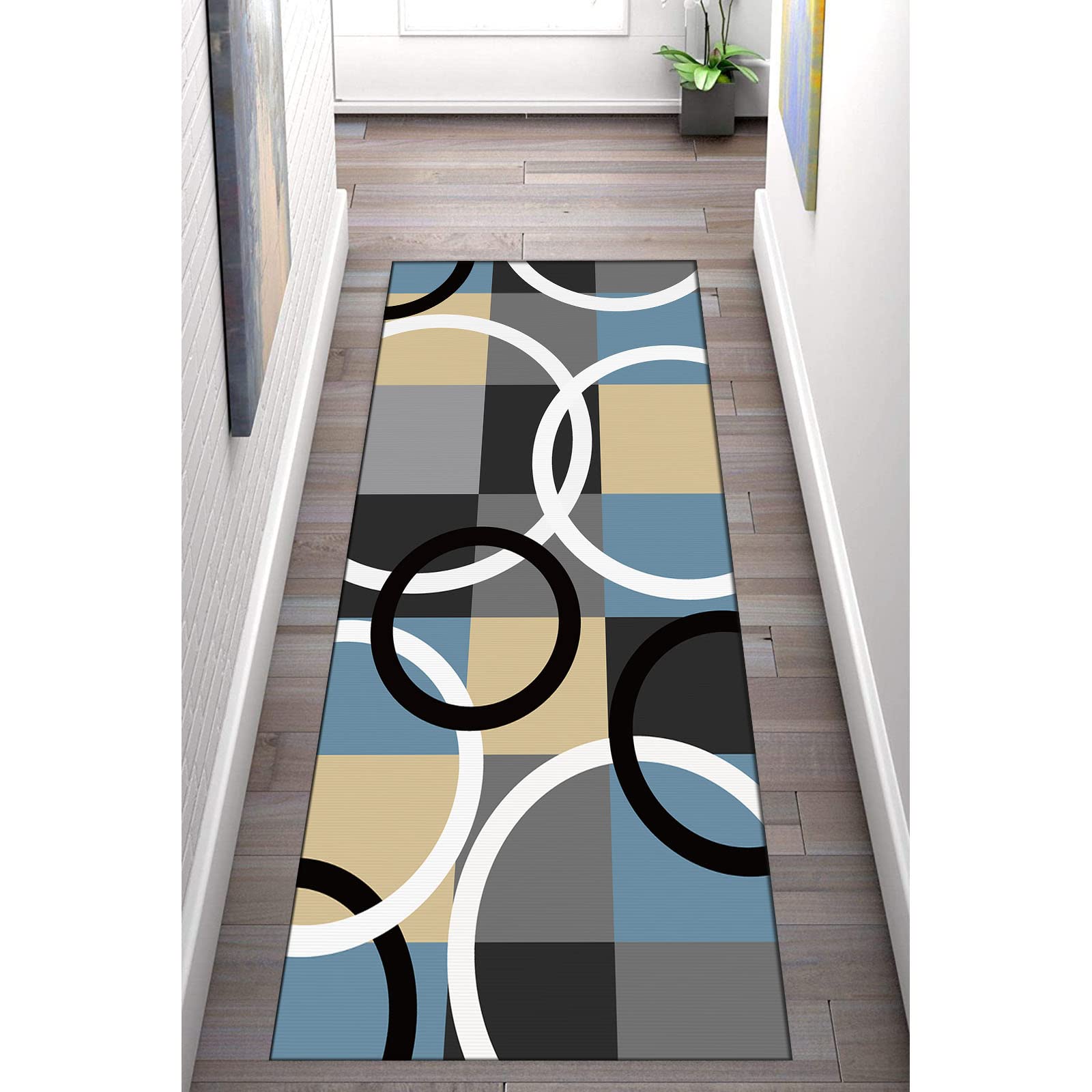 Läufer Teppich für Flur - Rutschfester Teppich für Küche und Wohnzimmer, modernes minimalistisches geometrisches Design, vielseitige Breitenoptionen erhältlich