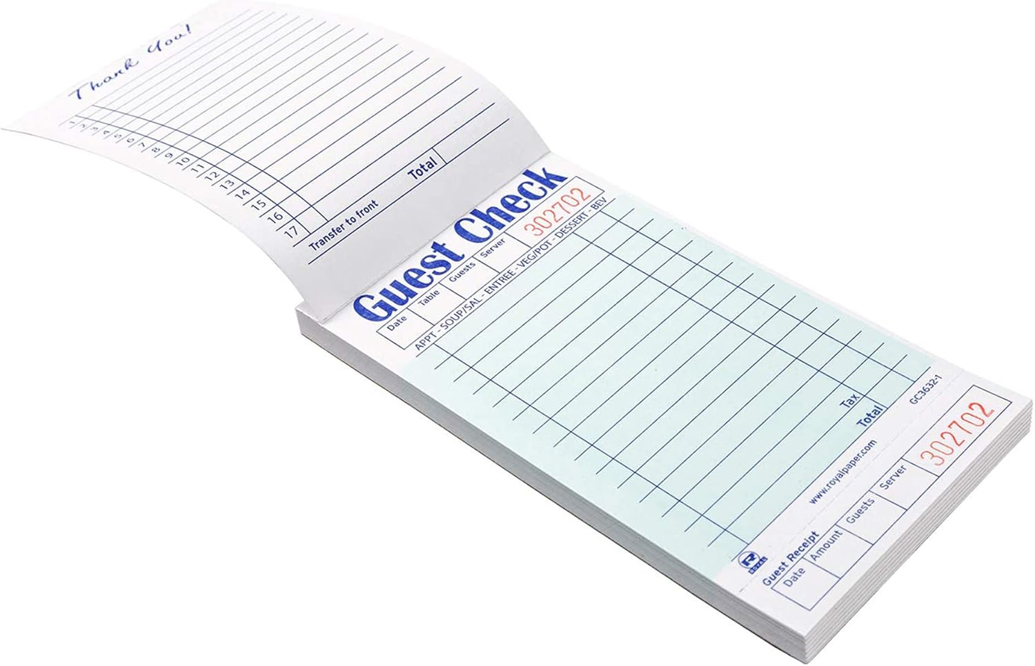 Guest Check Books For Servers 20 Books (1,000 Sheets) - Thick, Bleed Resistant Paper | 1 Part Green Paper Waitress Notepad with Guest Receipt | Server Books For Waitress