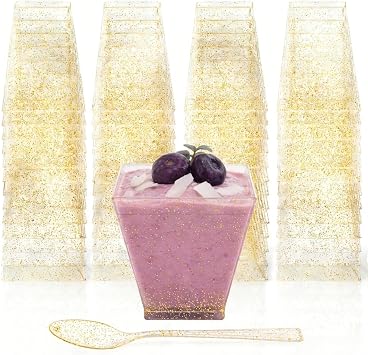 100 Pcs Gold Glitter Square Dessert Cups and 100 Pcs Gold Spoons, 3.5 Oz Mini Plastic Dessert Cups, Yogurt Parfait Appetier Cups for Pudding, Jelly, Ice Cream, Pudding, Fruit, Party Supplies