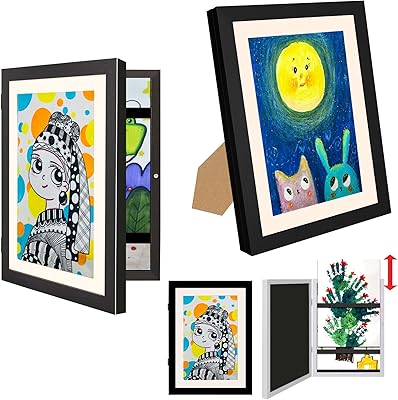 UBeesize Kids Art Frame - 2 Pack A4 Artwork Display Kids Frames Front Opening Holds 50 - Changeable Picture Display 8.27x11.69 Without Mat and 6.1x9.6 With Mat - Storage Frames with Easel Back(Black)