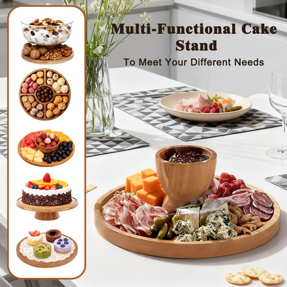 Piatto per torta con coperchio, supporto per torta 4 in 1, rotondo, in legno, con campana da 29 cm, piatto da forno e pinza da cucina, supporto per compleanno, matrimonio, festa