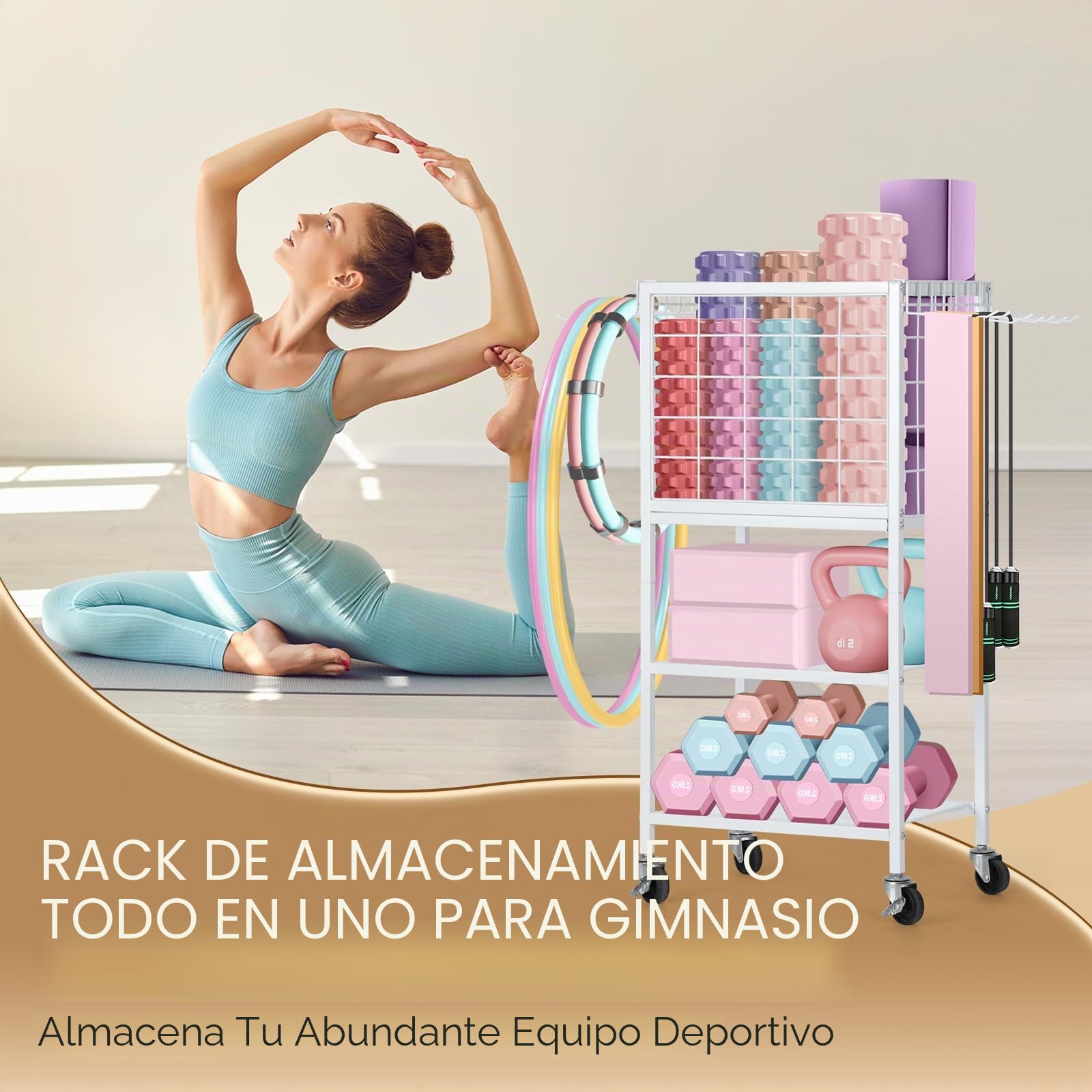 CADUKE Soporte y soporte para mancuernas, almacenamiento de esterilla de yoga con ganchos y ruedas, estante de pesas para gimnasio en casa, pesas rusas, esterilla de yoga, bloque de yoga, rodillo de