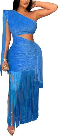Womens Sexy One Shoulder Fringe Dress Sleeveless Cut Out Bodycon Birthday Party Tassel Maxi Dresses